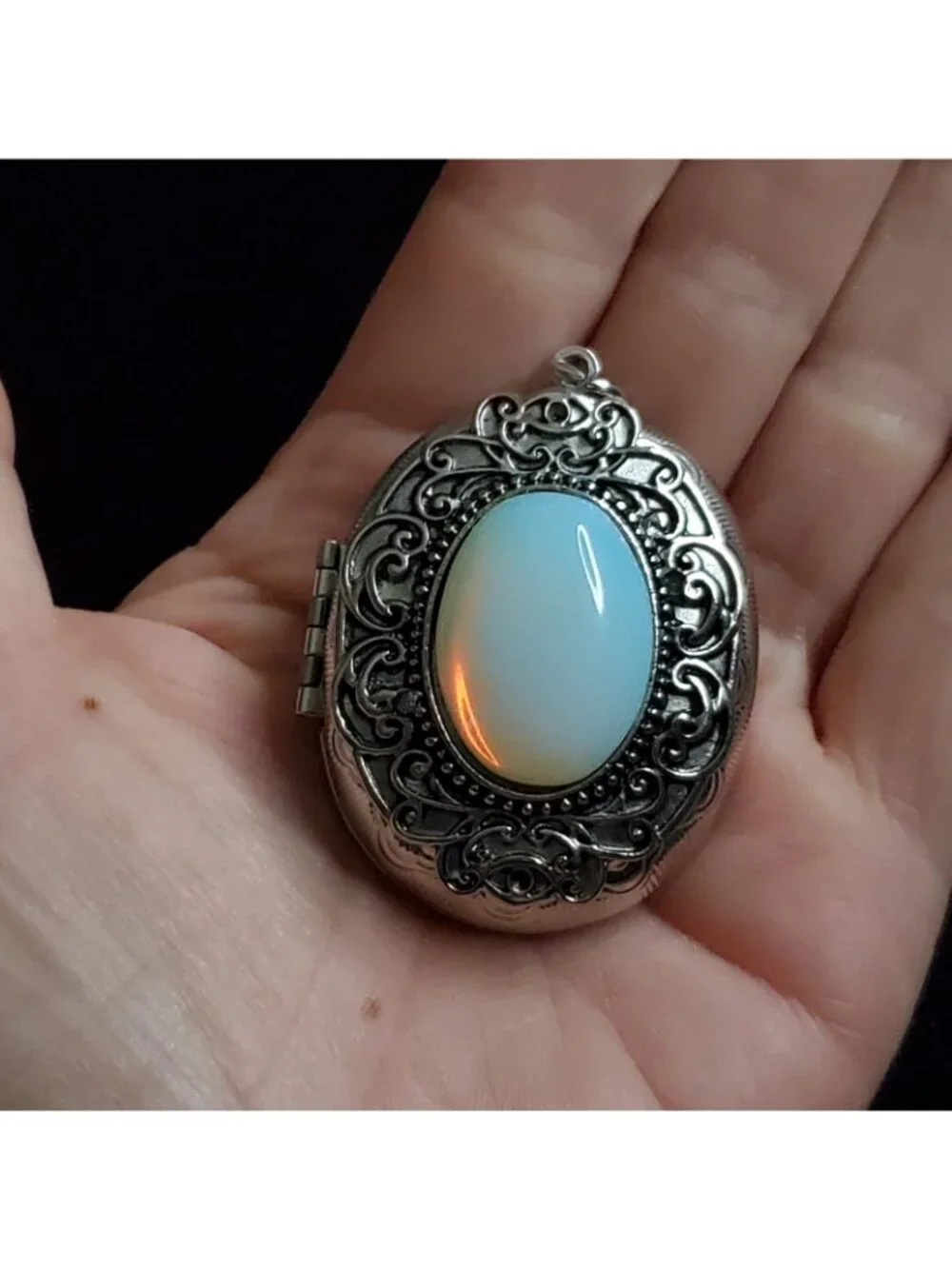 Vintage Locket Pendant Silver Tone Opalescent Cabochon 1.75